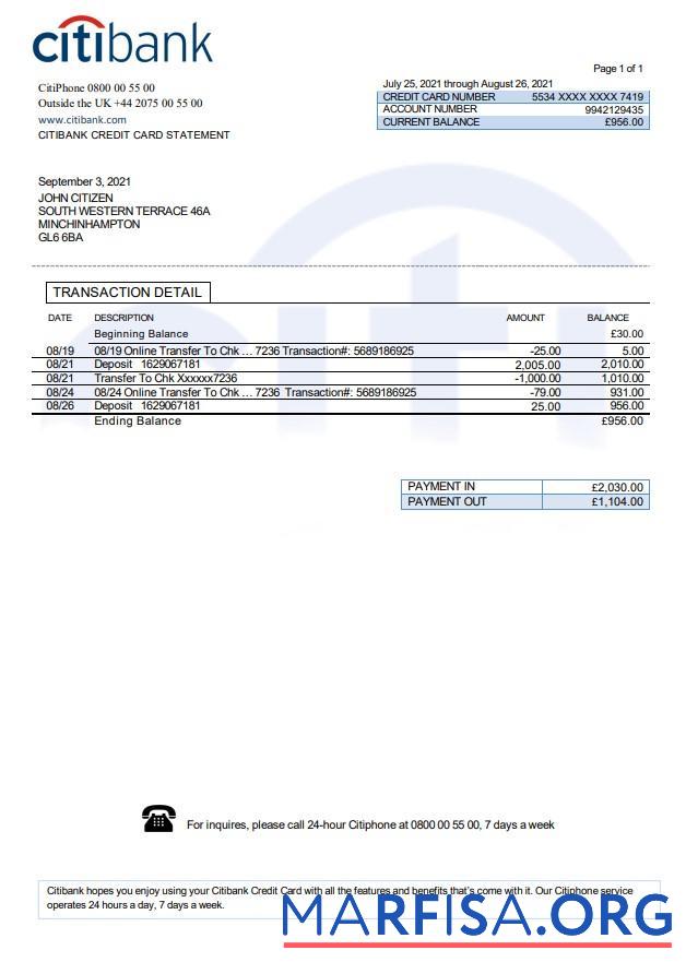 Printable United Kingdom Citibank bank statement word template
